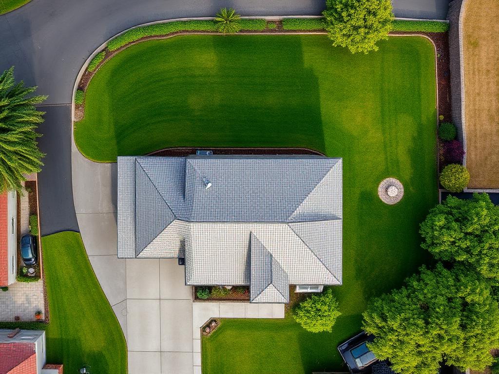 Top-down aerial view of a residential property with turf, bed, mulch and driveway areas outlined and measured